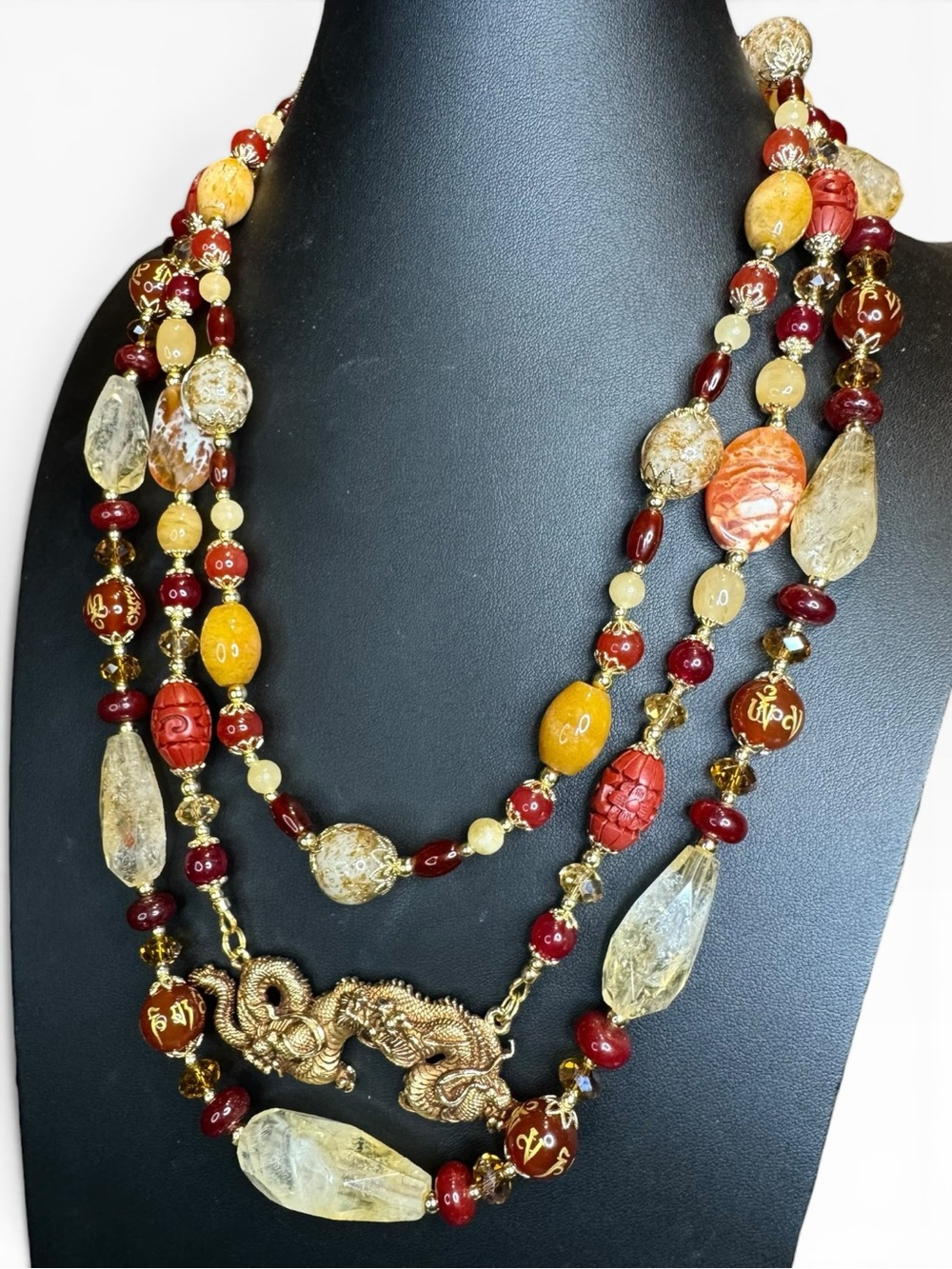 SOLD-ARTISAN Ruby, Citrine & Carnelian Multi-Strand Alva Museum Pendant Necklace - Picture 5 of 7